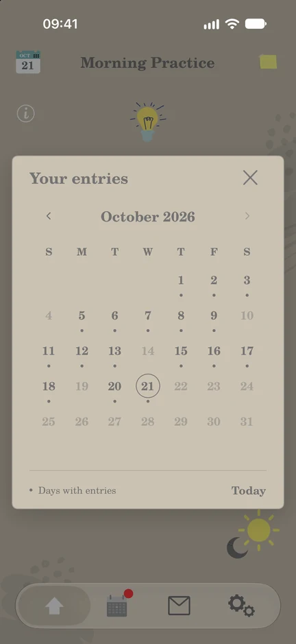 Thanksfor diary calendar showing previous entries and the selected day’s journal